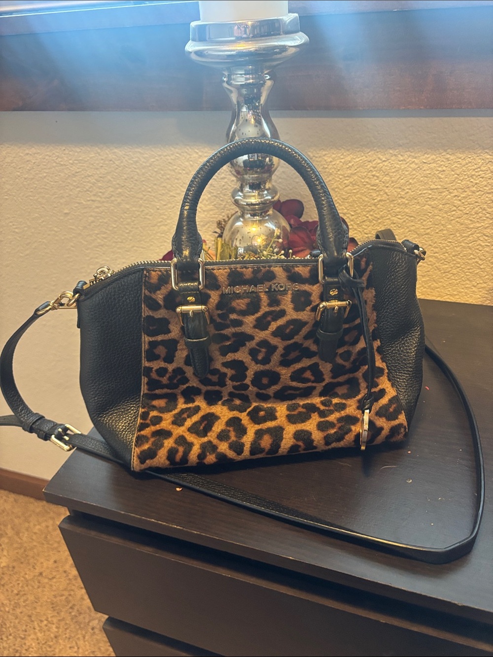 Michael Kors Leopard Print and Black Satchel with Gold Hardware